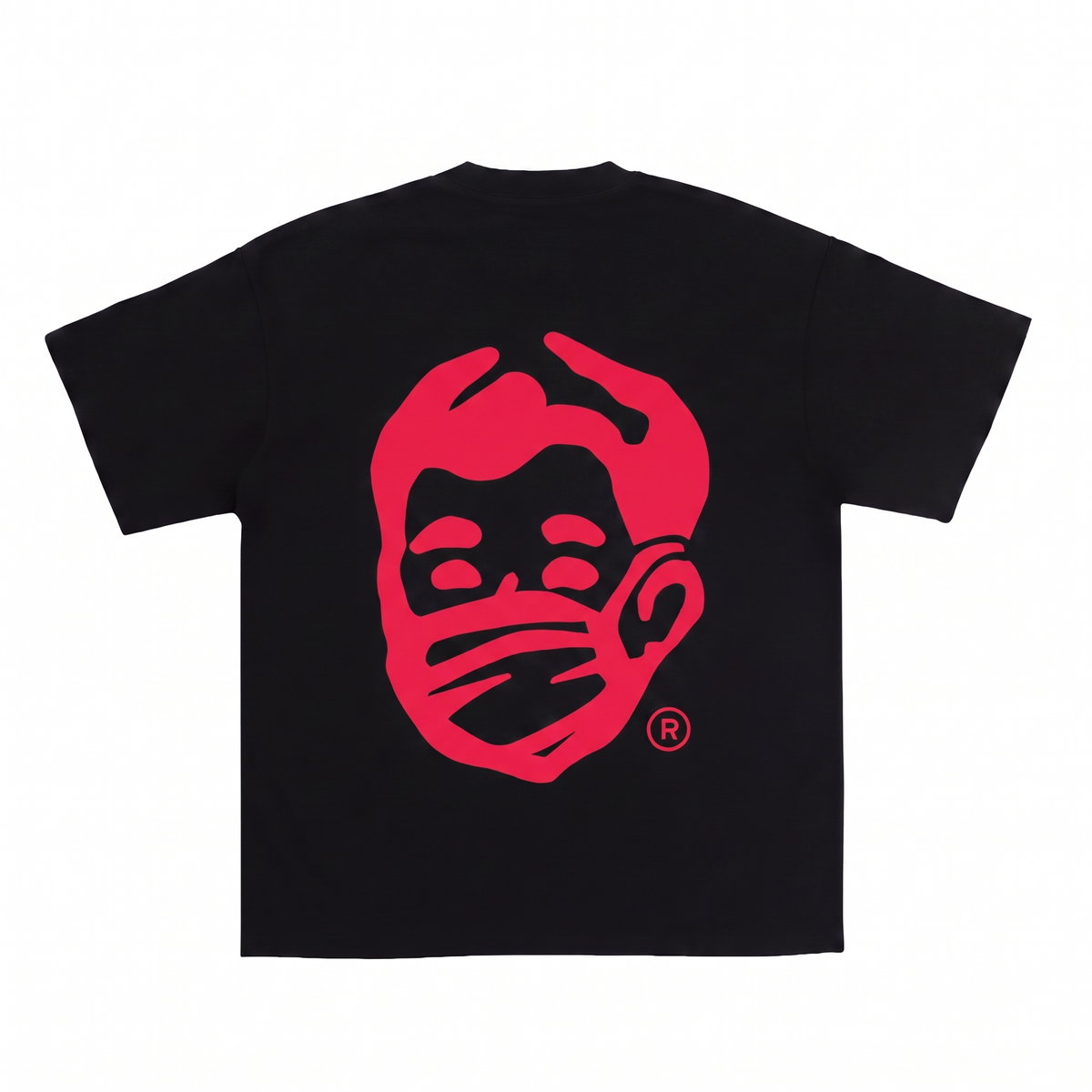 Face Mask Tee, black with red masked face graphic, back view