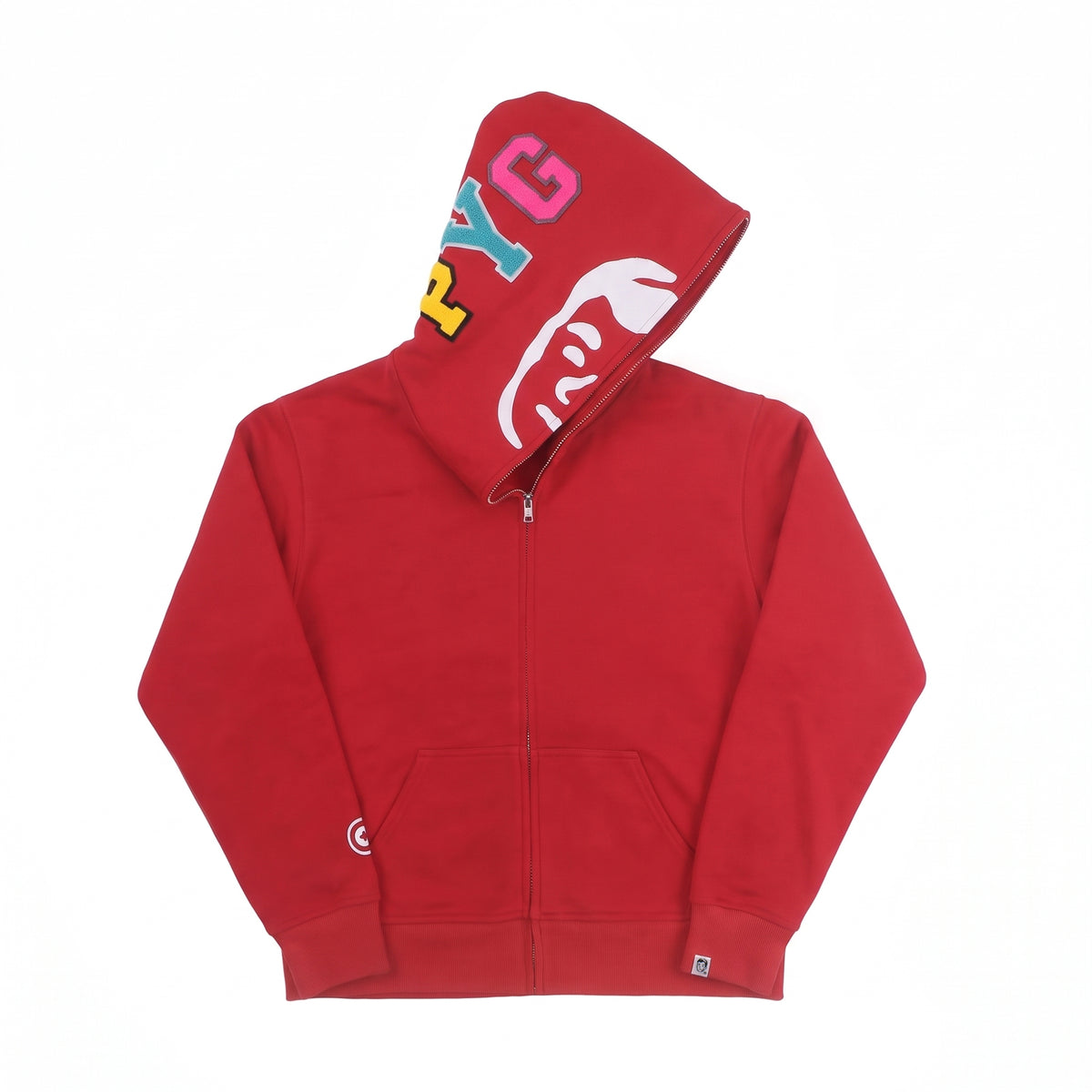 DBC Rx Full-Zip in red, right PYG chenille hood view
